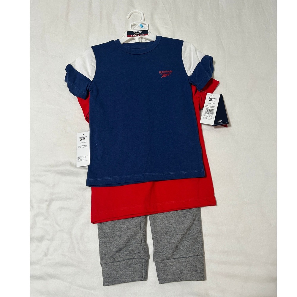 Reebok Kids 3 Piece Set T-Shirts and Jogger Pants Estate Blue Red Gray Size 5